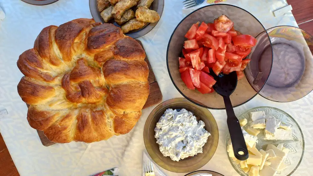 Bulgarian bread and salads and dips