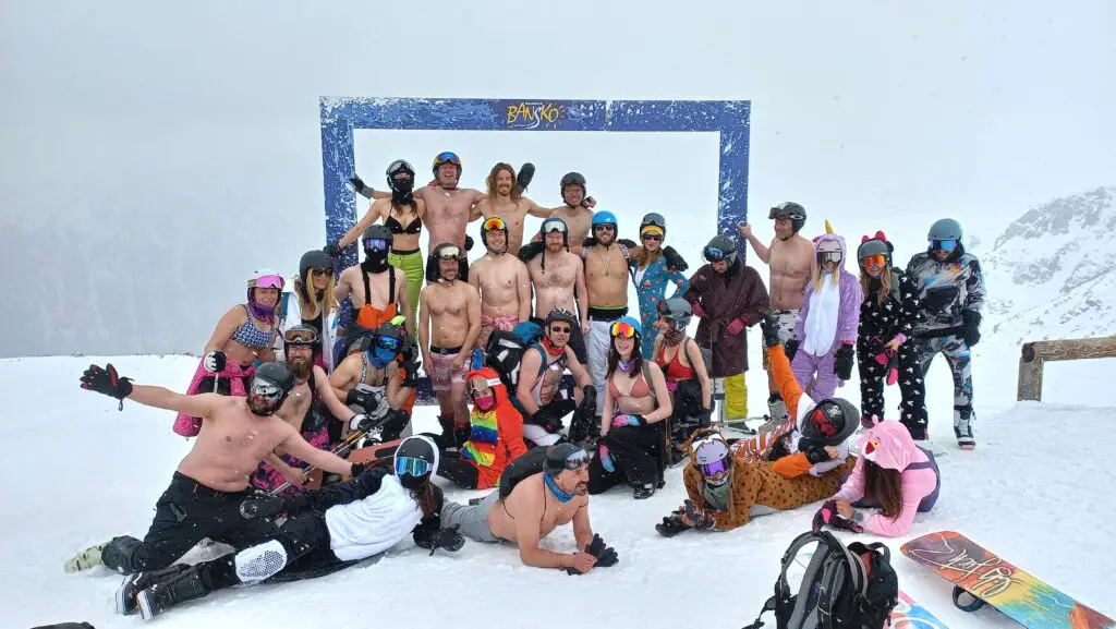 Bikini run on the slopes in Bansko with a group of people