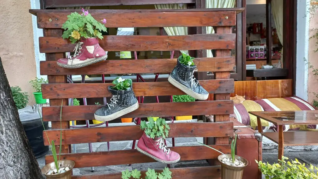 Shoes filled with plants at Magic Cafe in Plovdiv
