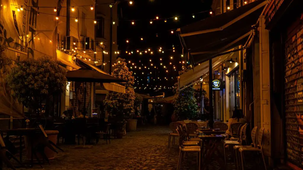 Street with lights in Kapana in Plovdiv by night
